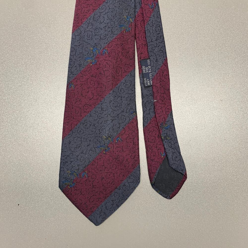 FENDI Burgundy Grey Diagonal Stripe Silk Tie